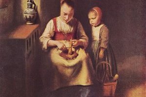 Femme épluchant des betteraves, avec un enfant auprès d'elle