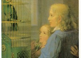 Deux enfants devant une cage avec un perroquet